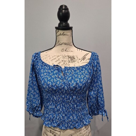 NEW Square Neck Smocked Floral Blue Peasant Top By Vigoss/Sz. XL - Picture 1 of 7